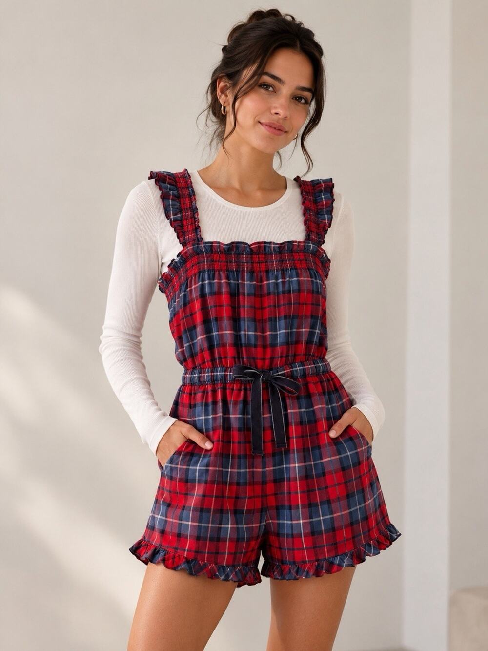 Aerie Plaid Romper S Red Navy Cottagecore Preppy Ruffle Playsuit Holiday
